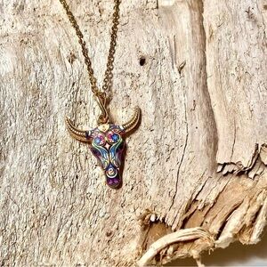 Horn/floral skull candy boho rustic gold necklace southwestern equestrian vibe